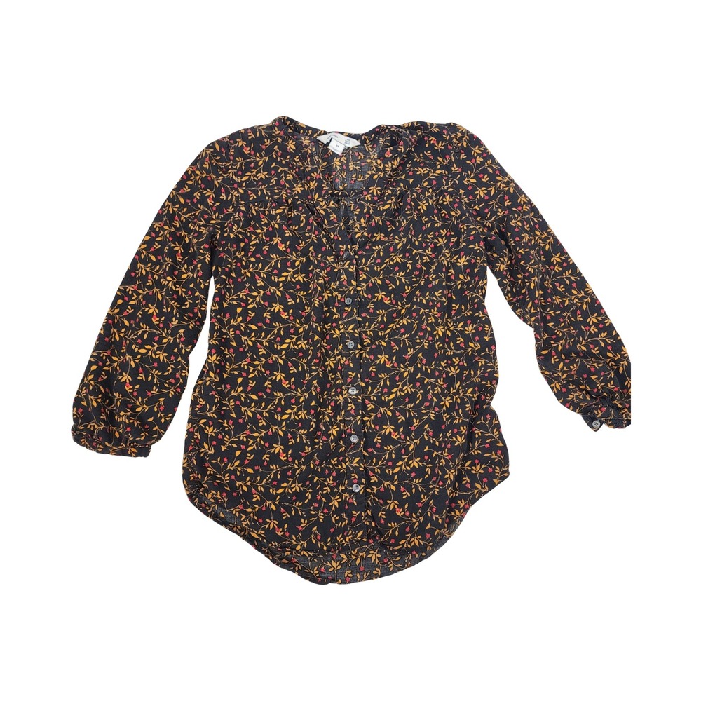 Old Navy Womens XS Black Floral Tunic Shirt Long Sleeve Button Down Cotton Blend
